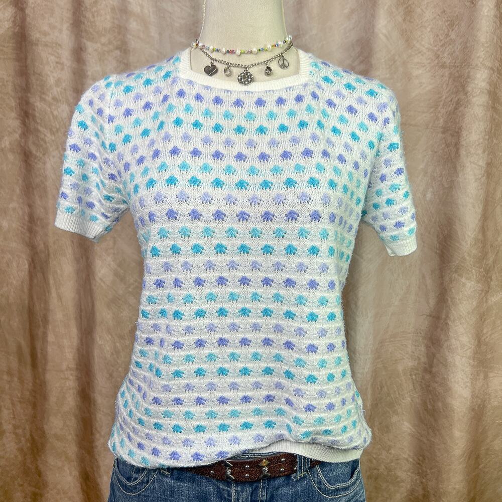 Crochet Knit Top Short Sleeve Sweater T-Shirt Multicolor Vintage 90s Cottage